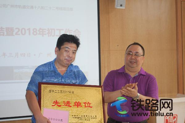 图为分部经理李兵(右)给工区经理王强(左)颁发奖牌和奖金.JPG